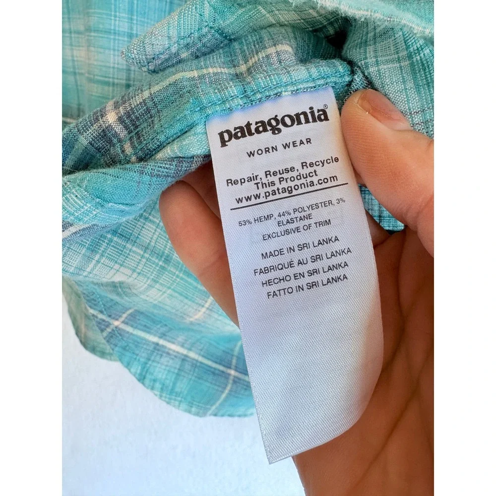 Patagonia Mens XXL Turquoise Plaid Hemp Blend Snap Front Western Shirt